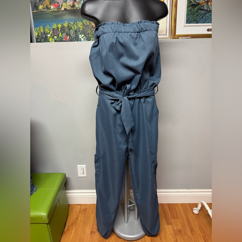 Women's Slate Blue Strapless Jumpsuit with Waist Tie
